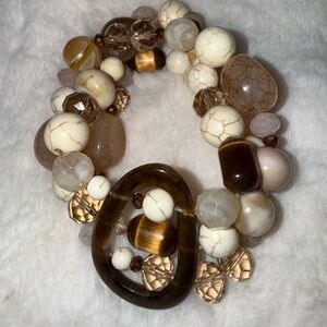 Multi-Strand Brown and Cream Beaded Stones Stretch Bracelet
